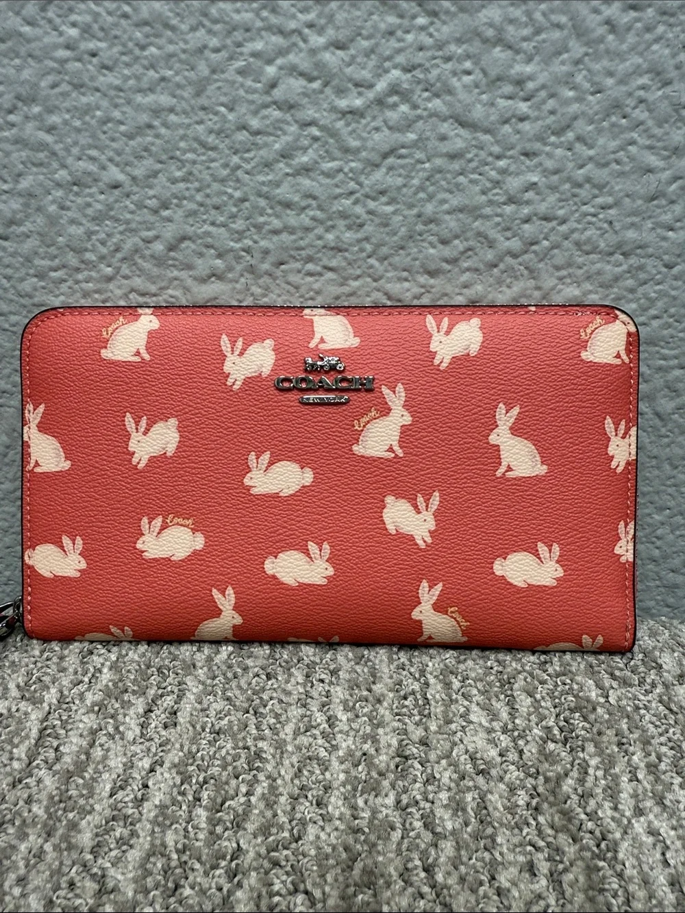 Coach Coral Zip Wristlet Wallet with Cream Bunny Print
